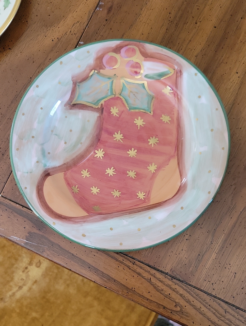 Hand-Painted Pink Holiday Stocking Accent Plate - Unbranded